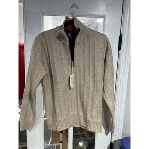 Mens Mylldey Quarter Zip Pullover Sweater Tan Ribbed Knit Size Small
